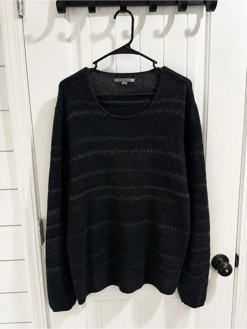 John Varvatos Black Crewneck Sweater with Subtle Stripe Texture 100% merino wool